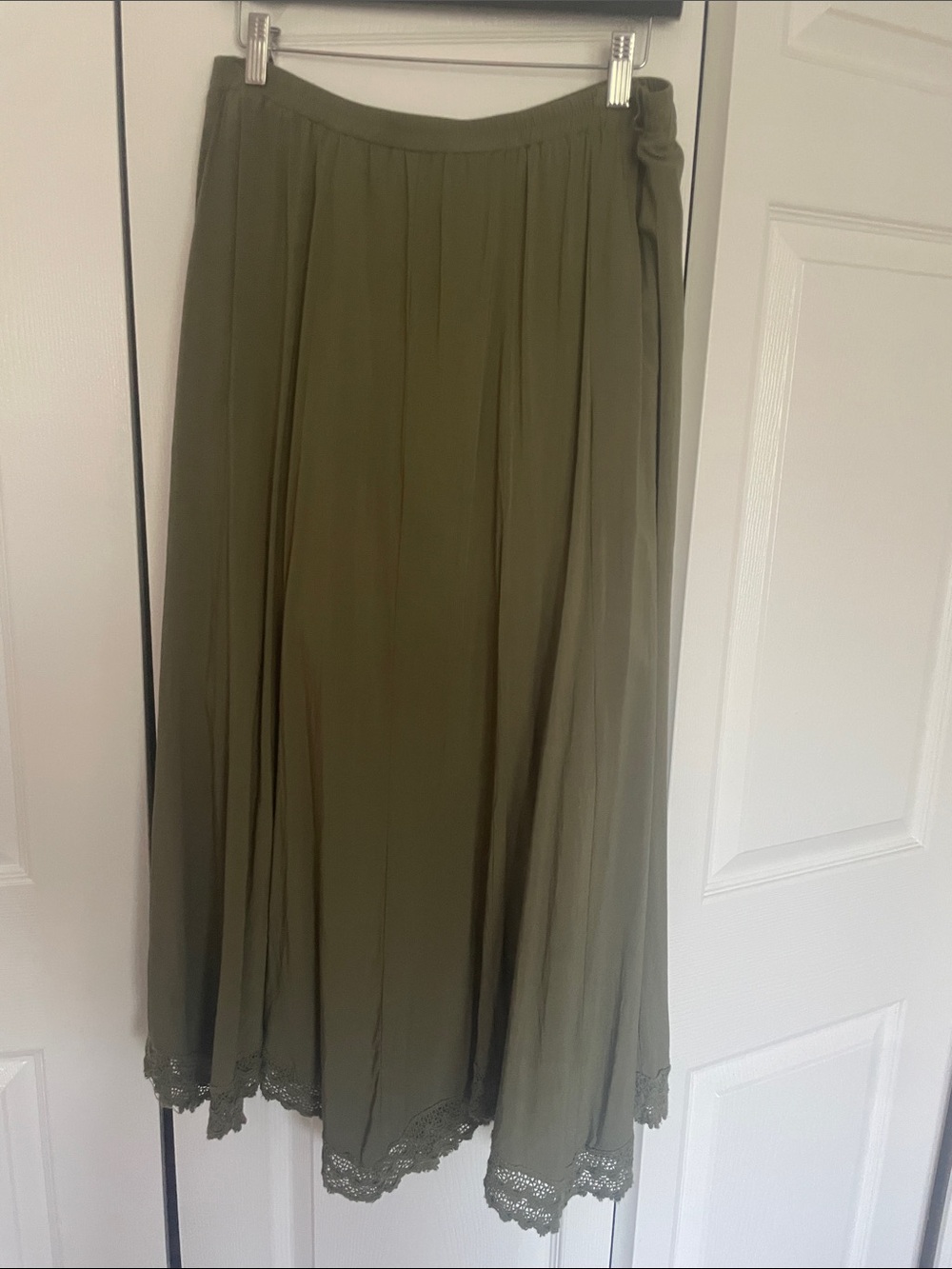 Olive green maxi flair skirt, high/low lace hem detail